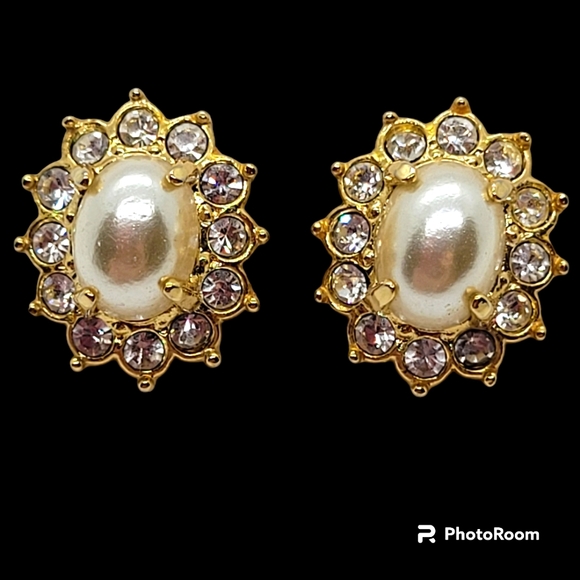 Faux Pearl Crystal Stud Earrings Elegant - Picture 2 of 5